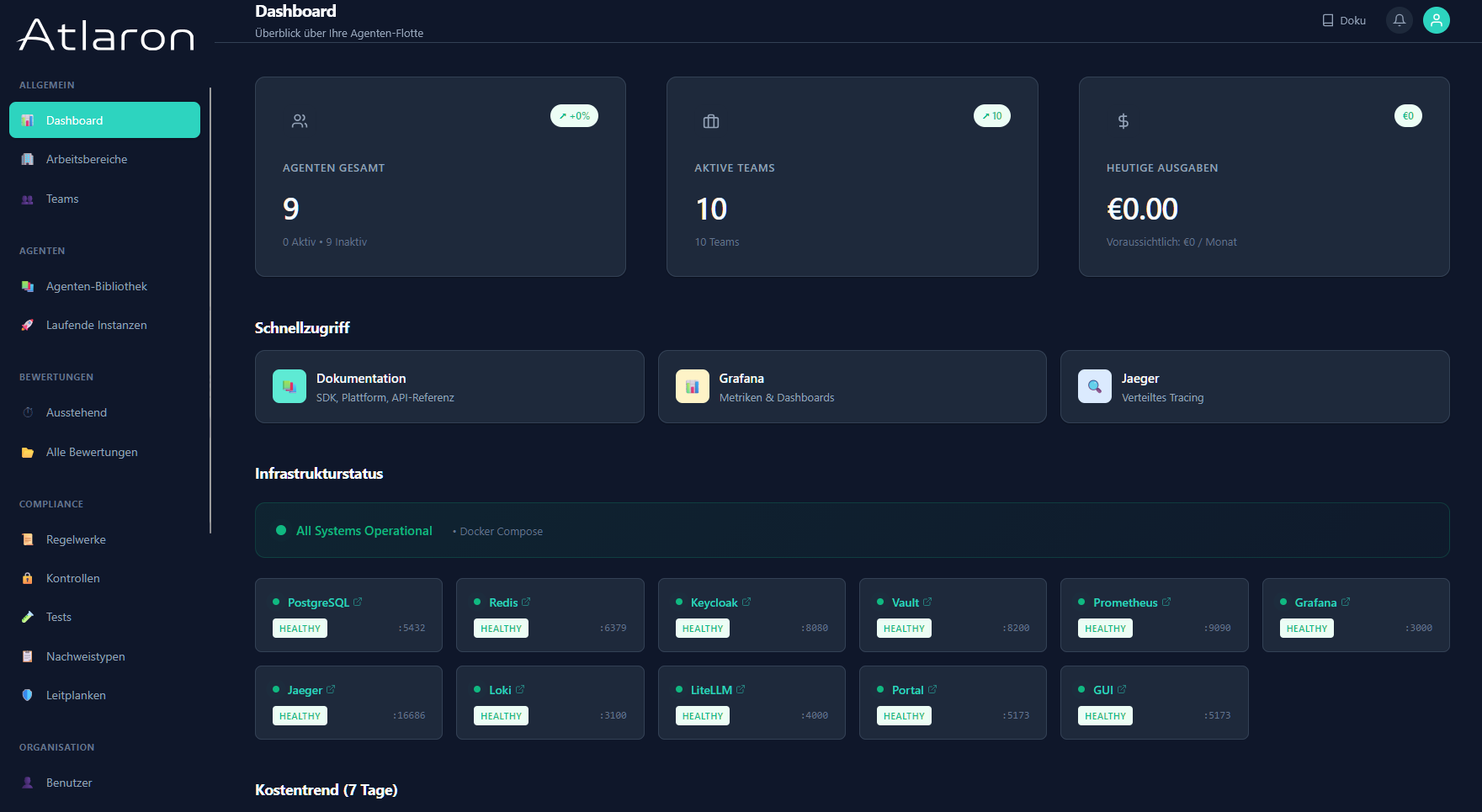 Atlaron-Portal: Live-Plattform mit Agenten-Flotte, Teams, Infrastruktur-Status