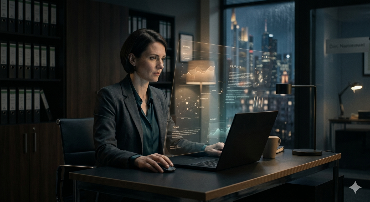 Eine Fachperson am Schreibtisch, von subtilen UI-Elementen unterstützt