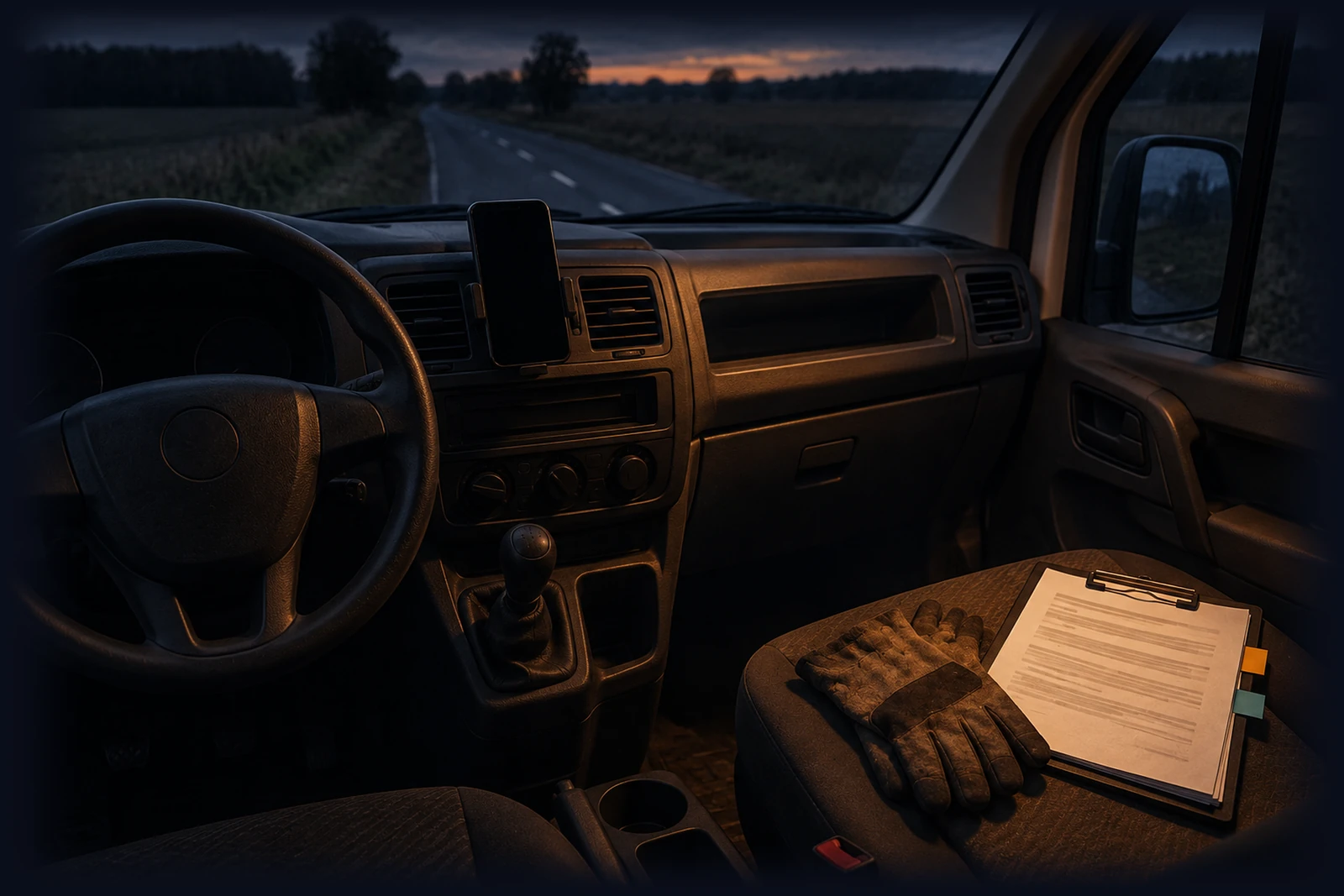 Blick über das Armaturenbrett eines Transporters auf eine Landstraße in der Dämmerung, mit ausgeschaltetem Telefon sowie Arbeitshandschuhen und Klemmbrett auf dem Beifahrersitz